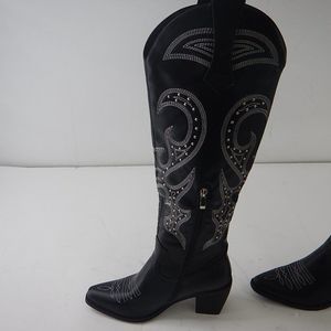wetkiss Knee High Tall Cowboy Boots, Black, Size 10